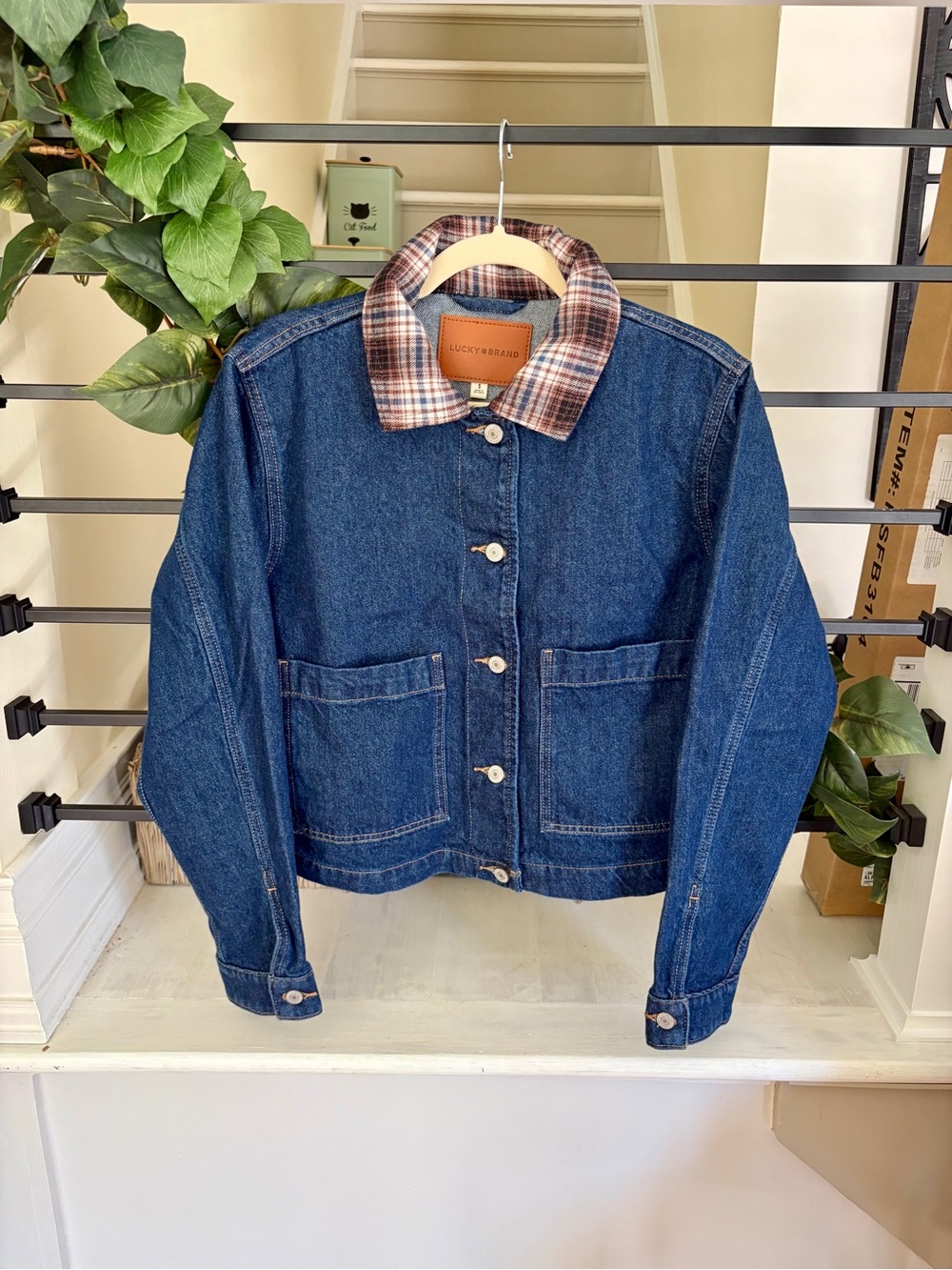 NWT Lucky Brand Plaid Collar Denim Chore Jacket Dark Wash S